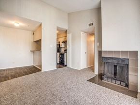 Dallas apartment for rent - a living room with a fireplace and a kitchen in the background