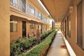 Oakland apartment for rent - a long hallway with a row of hedges outside a building
