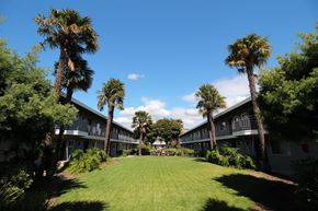 San Leandro apartment for rent - the courtyard of a hotel with a lawn and palm trees