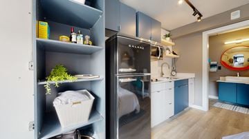Durango apartment for rent - A kitchen with a refrigerator and a plant on the shelf.