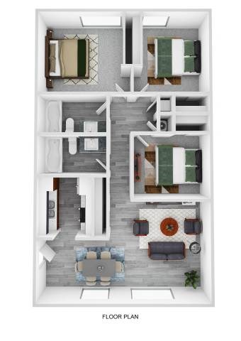 Floor plan for 3 beds, 2 baths, 960 sqft