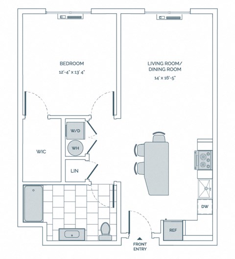 Floor plan for 1 bed, 1 bath, 767 sqft