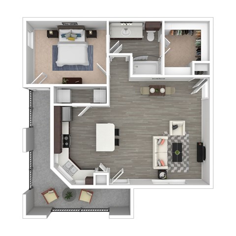 Floor plan for 1 bed, 1 bath, 842 sqft