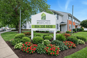 Richmond apartment for rent - A sign for Birches with a phone number and website on it.