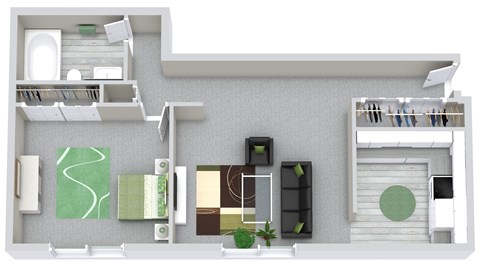 Floor plan for 1 bed, 1 bath, 750 sqft
