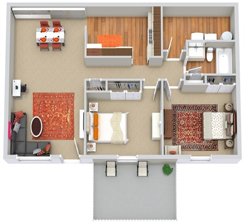 Floor plan for 2 beds, 1 bath, 900 sqft