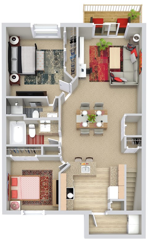 Floor plan for 2 beds, 2 baths, 1050 sqft