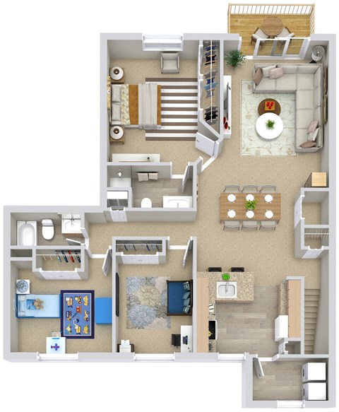 Floor plan for 3 beds, 2 baths, 1235 sqft