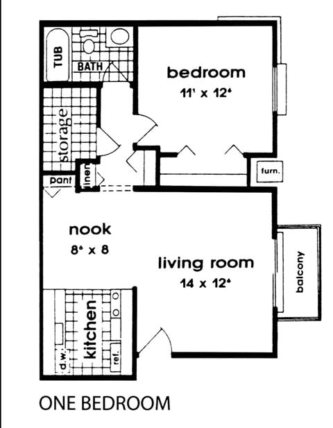 Floor plan for 1 bed, 1 bath, 661 sqft