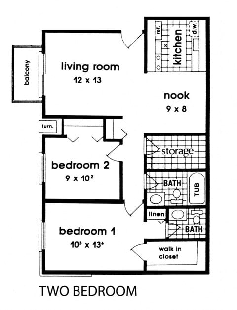 Floor plan for 2 beds, 1 bath, 1200 sqft