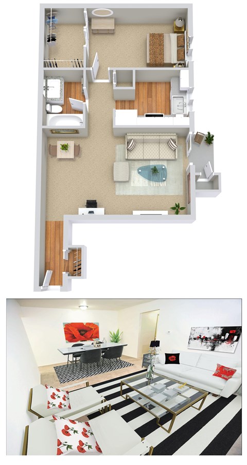 Floor plan for 1 bed, 1 bath, 740 sqft