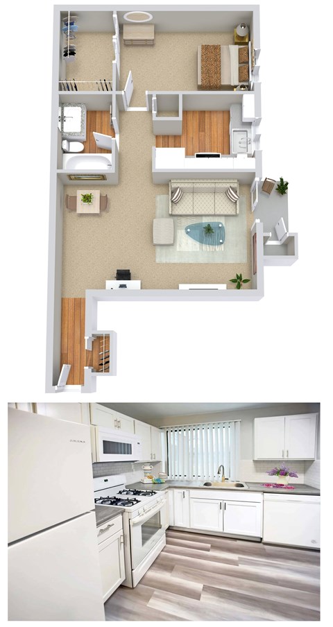 Floor plan for 1 bed, 1 bath, 740 sqft