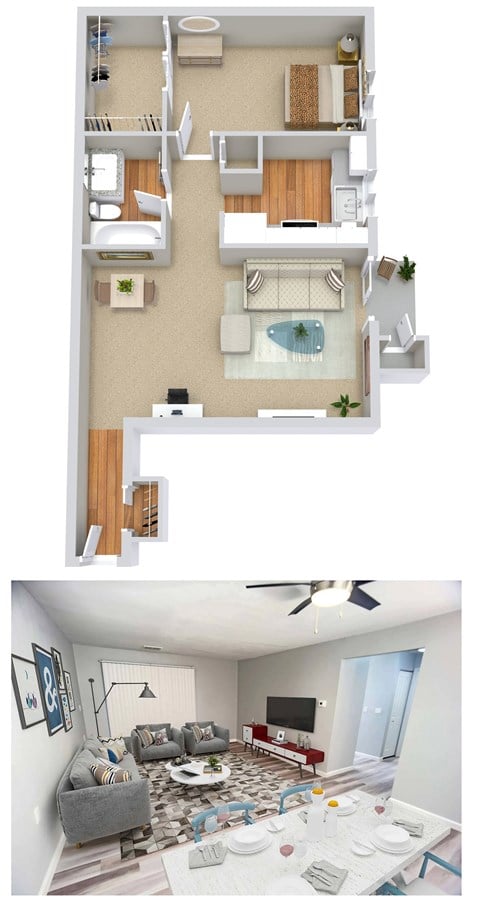Floor plan for 1 bed, 1 bath, 740 sqft