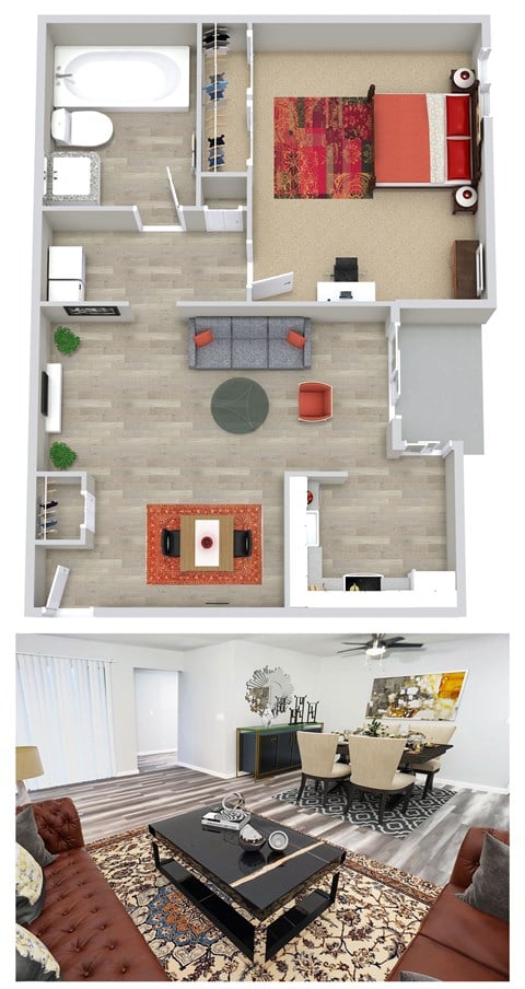 Floor plan for 1 bed, 1 bath, 780 sqft