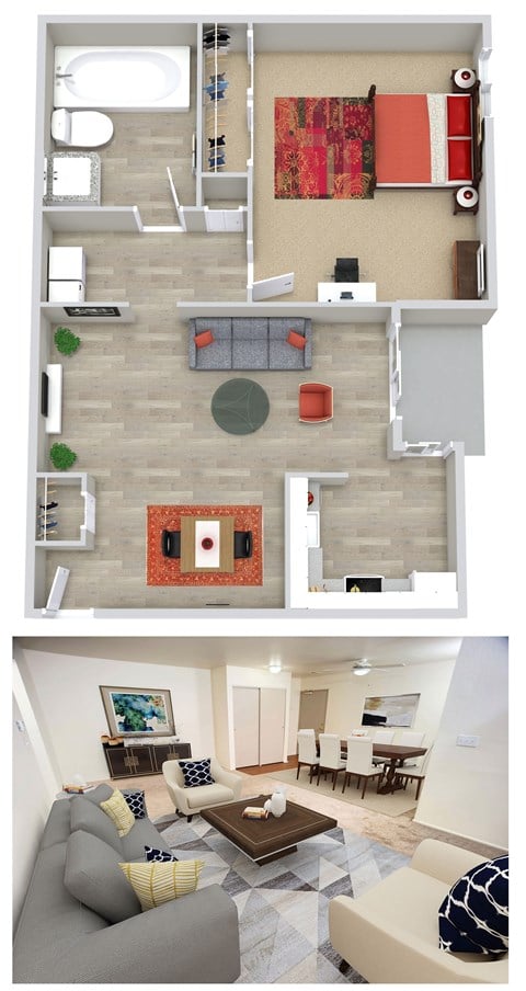 Floor plan for 1 bed, 1 bath, 780 sqft