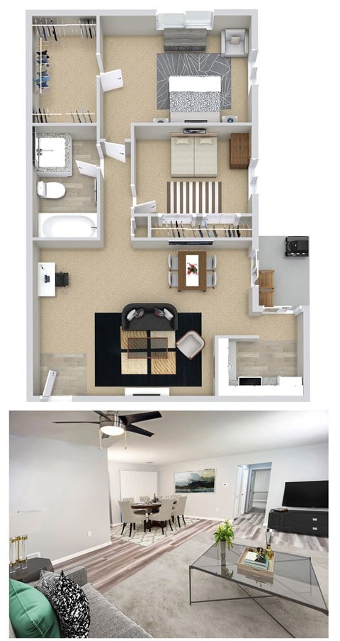 Floor plan for 2 beds, 1 bath, 980 sqft