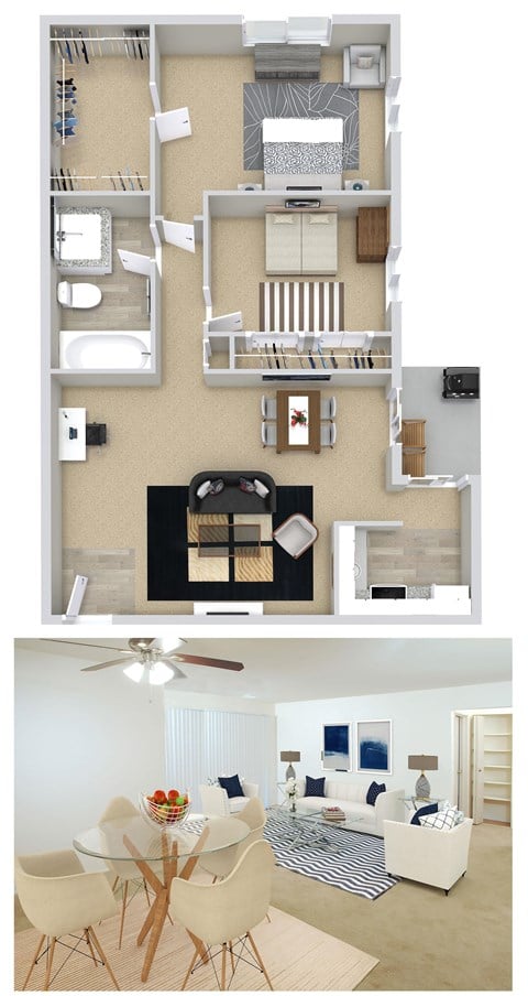 Floor plan for 2 beds, 1 bath, 980 sqft
