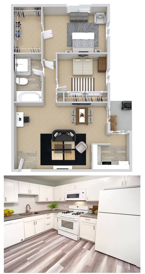 Floor plan for 2 beds, 1 bath, 980 sqft
