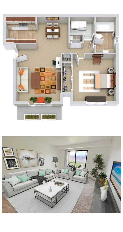 Floor plan for 1 bed, 1 bath, 653 sqft