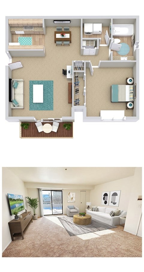 Floor plan for 1 bed, 1 bath, 733 sqft