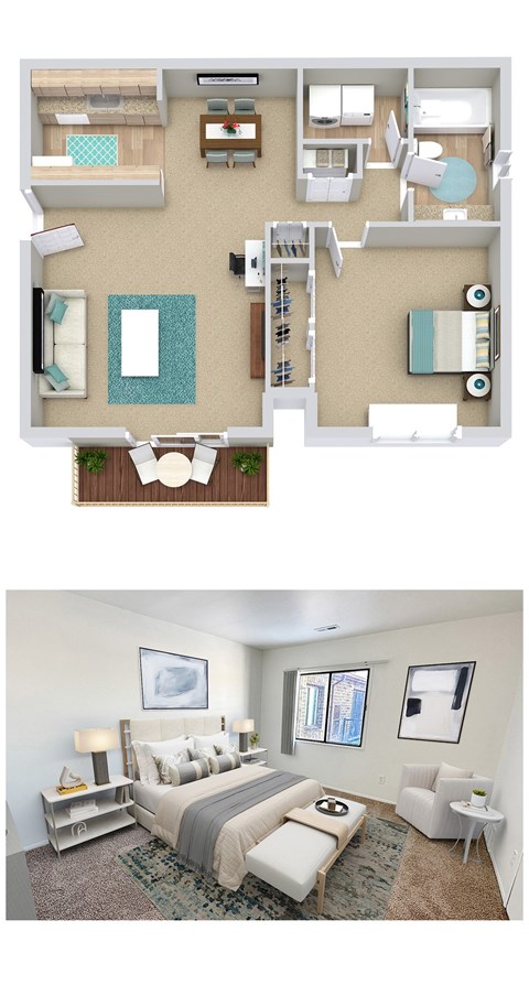 Floor plan for 1 bed, 1 bath, 733 sqft