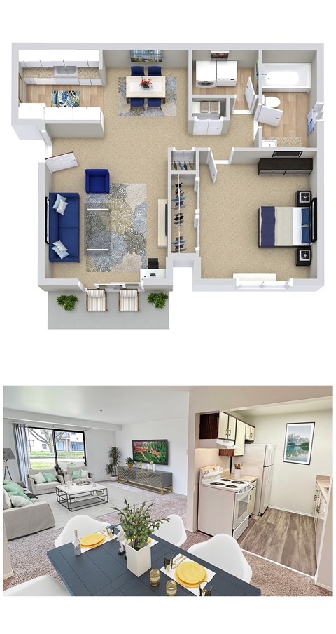 Floor plan for 1 bed, 1 bath, 653 sqft