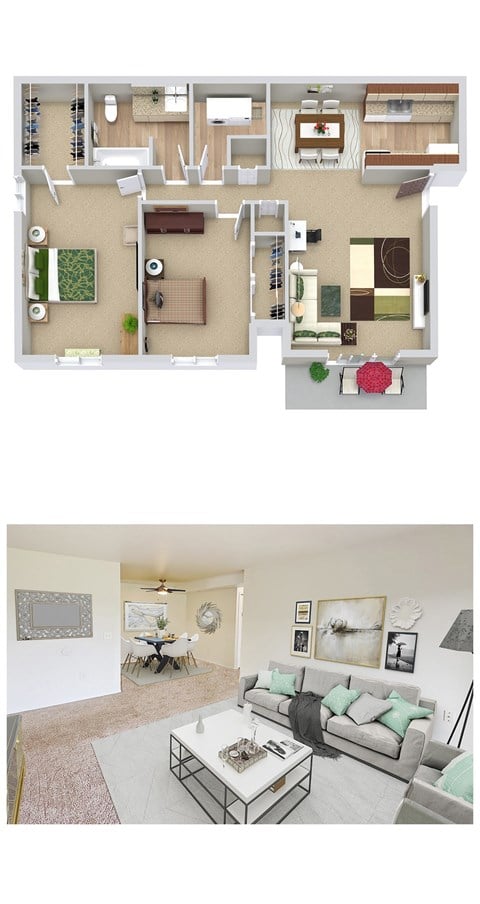 Floor plan for 2 beds, 1 bath, 861 sqft