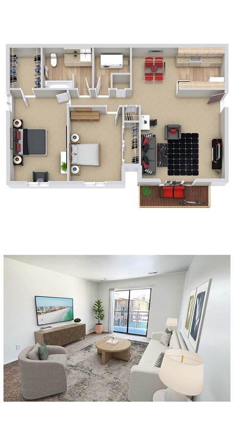 Floor plan for 2 beds, 1 bath, 941 sqft