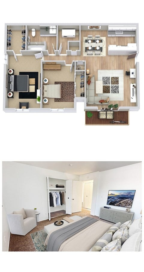 Floor plan for 2 beds, 1 bath, 941 sqft