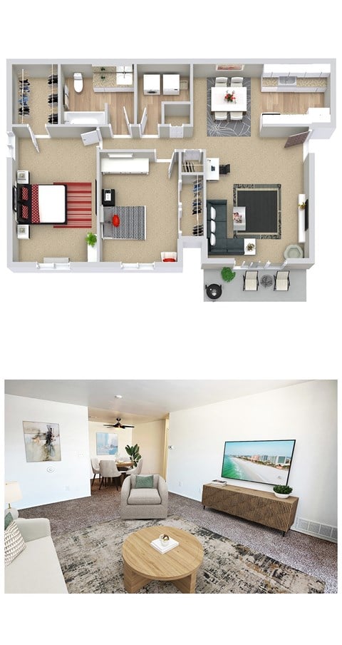 Floor plan for 2 beds, 1 bath, 861 sqft