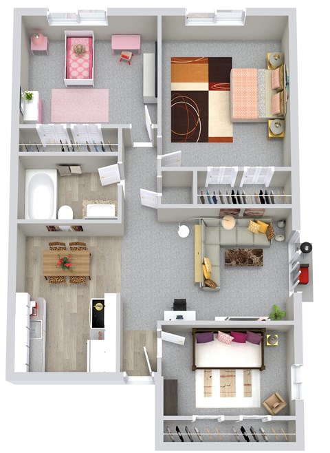 Floor plan for 3 beds, 1 bath, 860 sqft