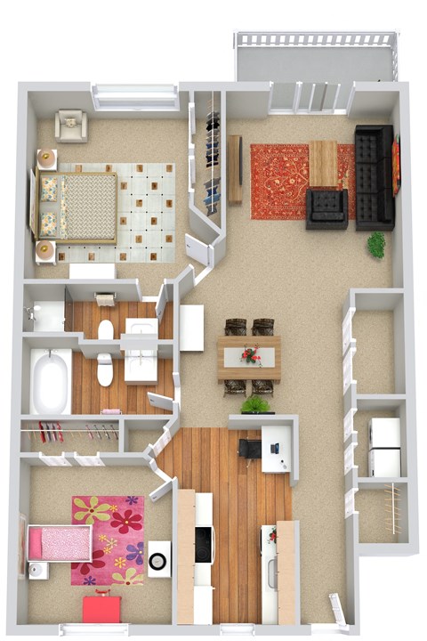 Floor plan for 2 beds, 2 baths, 1050 sqft