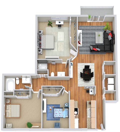 Floor plan for 3 beds, 2 baths, 1185 sqft