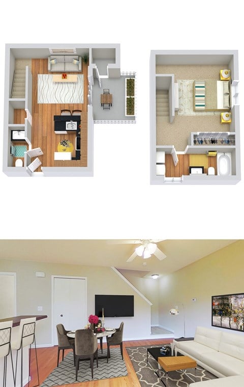 Floor plan for 1 bed, 1.5 baths, 654 sqft
