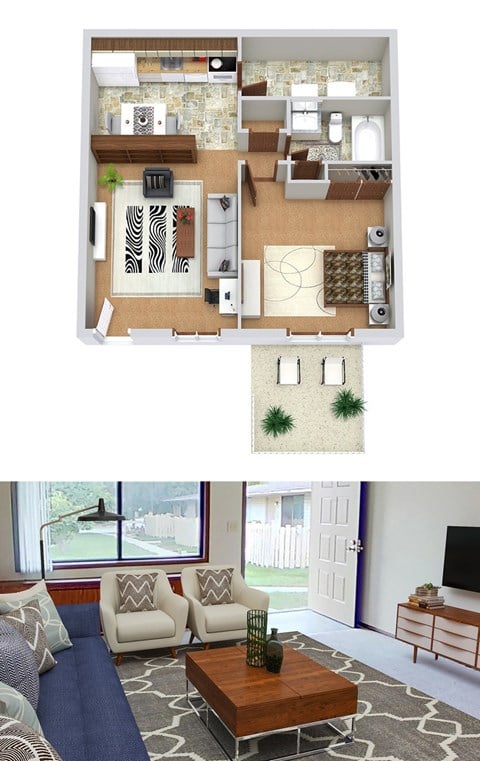 Floor plan for 1 bed, 1 bath, 576 sqft