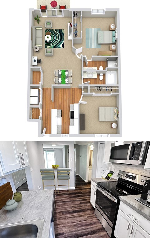 Floor plan for 2 beds, 2 baths, 1017 sqft