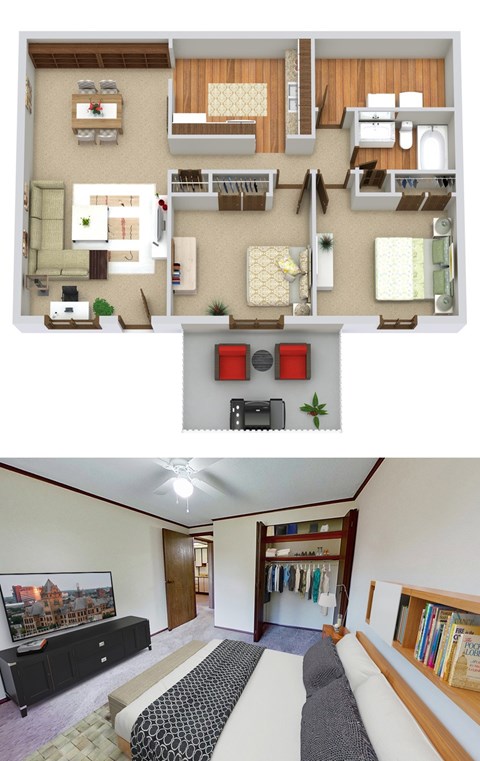Floor plan for 2 beds, 1 bath, 864 sqft