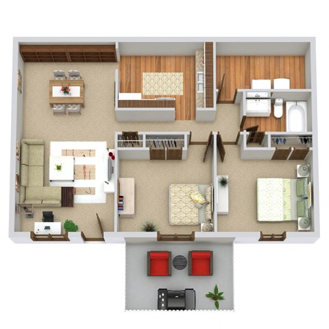 Floor plan for 2 beds, 1 bath, 864 sqft
