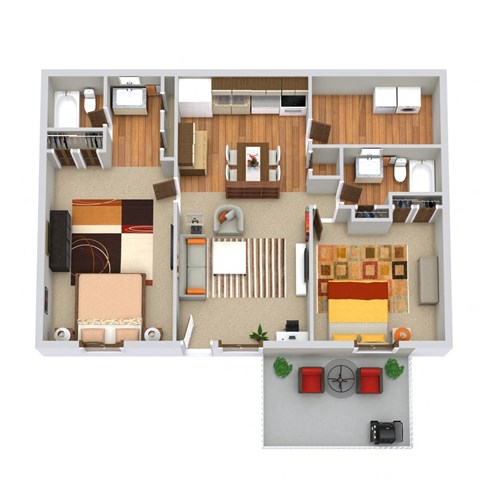 Floor plan for 2 beds, 2 baths, 864 sqft