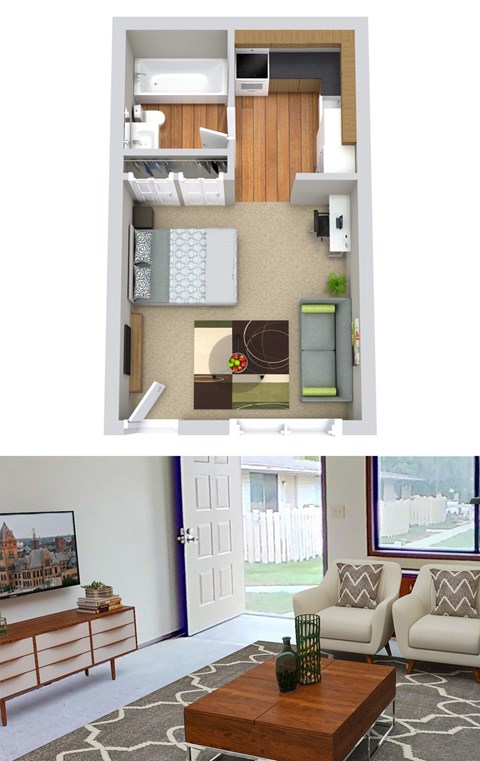 Floor plan for studio, 1 bath, 372 sqft