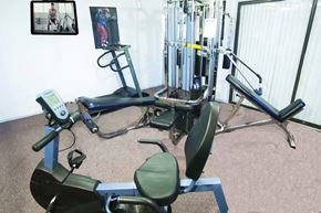 Canton apartment for rent - A gym room with a rowing machine, a leg press machine, and a weight machine.