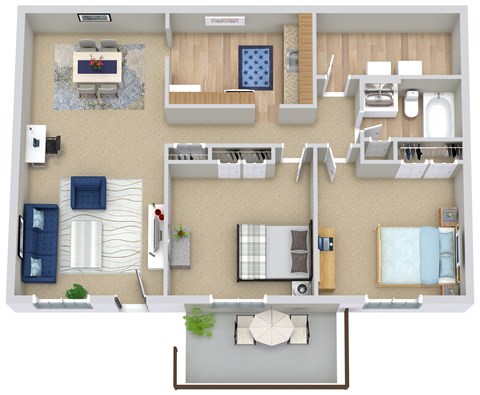 Floor plan for 2 beds, 1 bath, 864 sqft