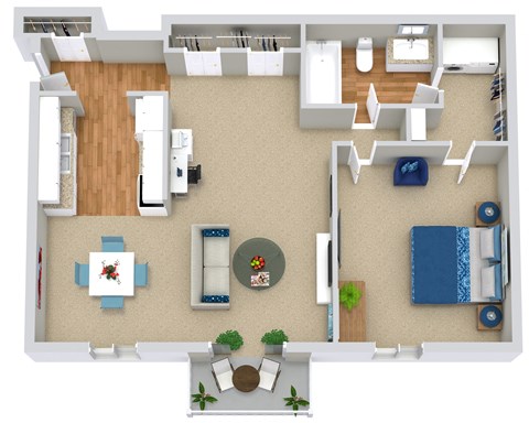 Floor plan for 1 bed, 1 bath, 748 sqft