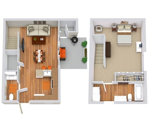 Floor plan for 1 bed, 1.5 baths, 654 sqft