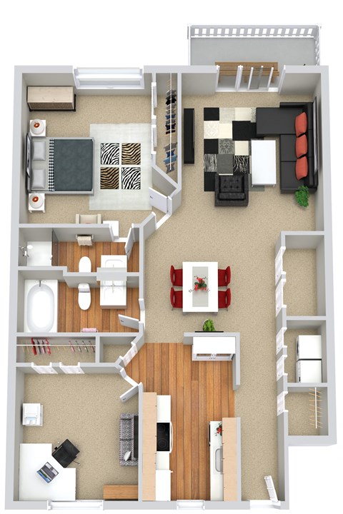 Floor plan for 2 beds, 2 baths, 1000 sqft