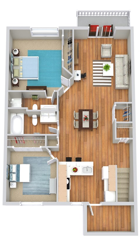 Floor plan for 2 beds, 2 baths, 1050 sqft