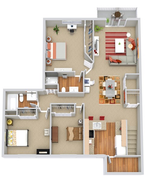 Floor plan for 3 beds, 2 baths, 1235 sqft