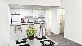 Ann Arbor apartment for rent - A kitchen with white cabinets and a black and white rug.