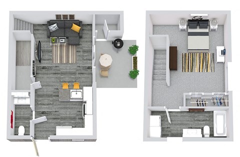 Floor plan for 1 bed, 1.5 baths, 654 sqft