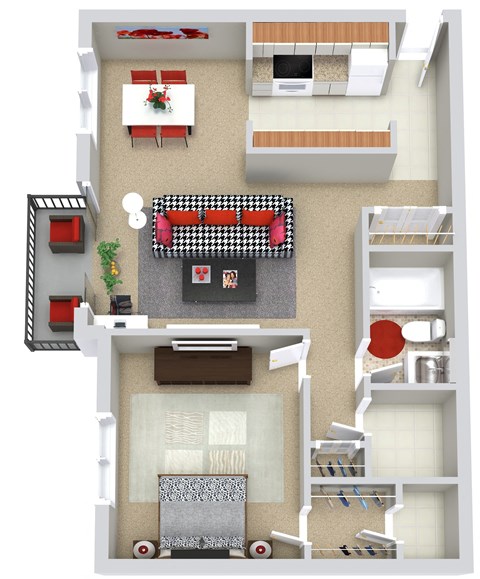 Floor plan for 1 bed, 1 bath, 1000 sqft
